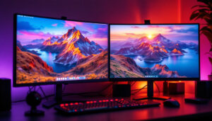 A photograph of a dual-monitor setup showcasing various screen resolutions