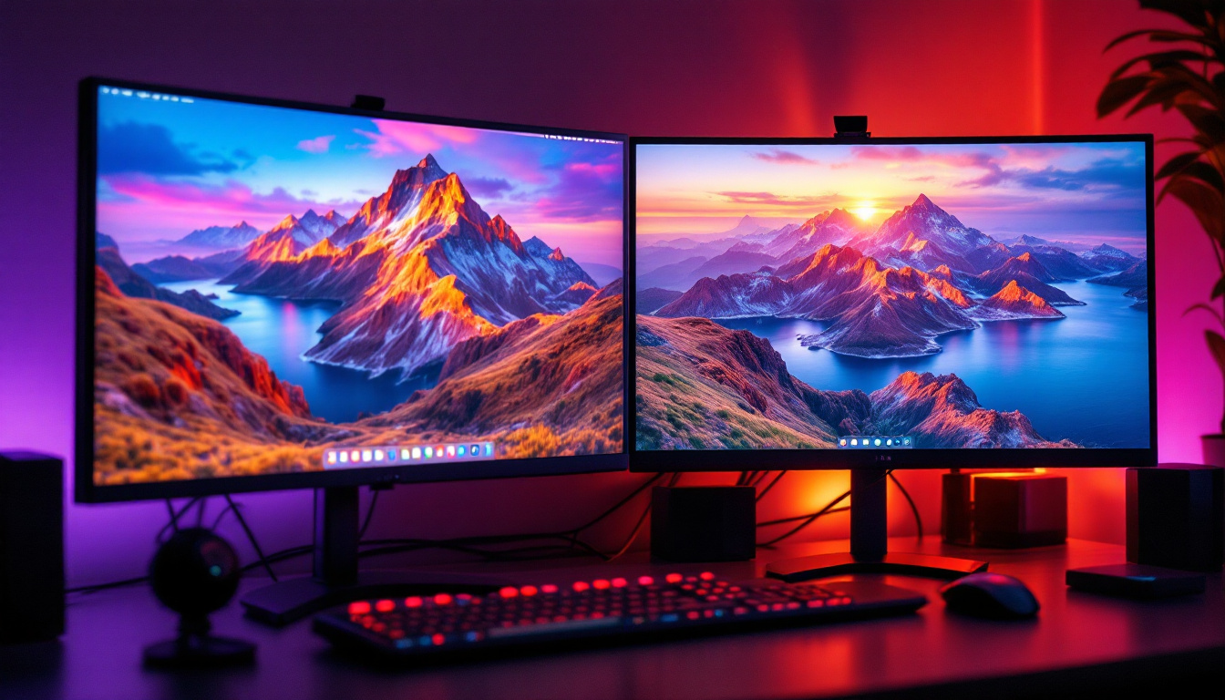 A photograph of a dual-monitor setup showcasing various screen resolutions