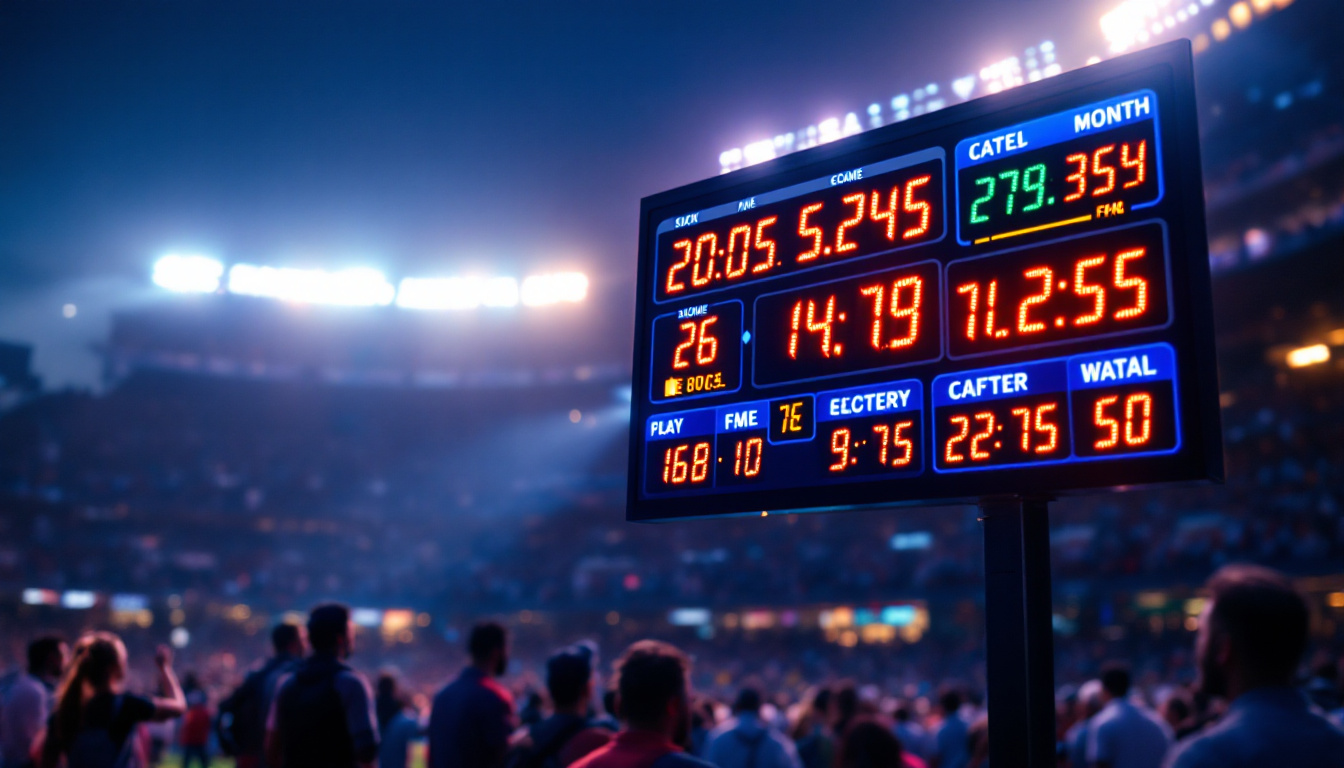 A photograph of a brightly lit led scoreboard displaying dynamic game scores and statistics in an outdoor sports setting