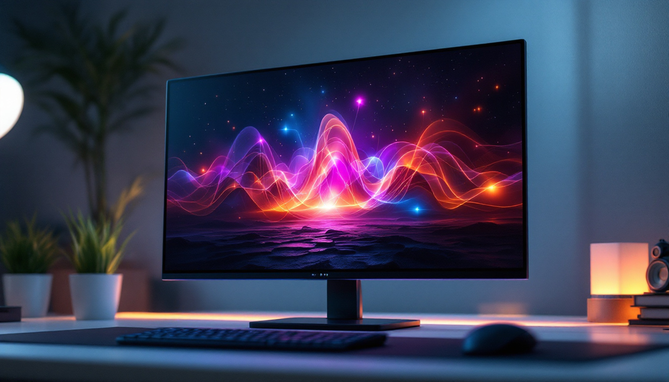 A photograph of a sleek ultra-slim computer monitor displaying vibrant led visuals
