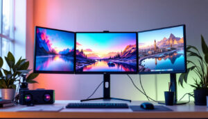 A photograph of capture a photograph of a sleek triple monitor stand setup in a modern workspace