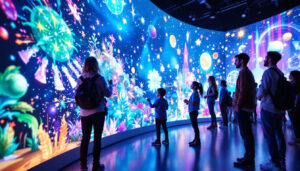 A photograph of a vibrant interactive projection wall in use