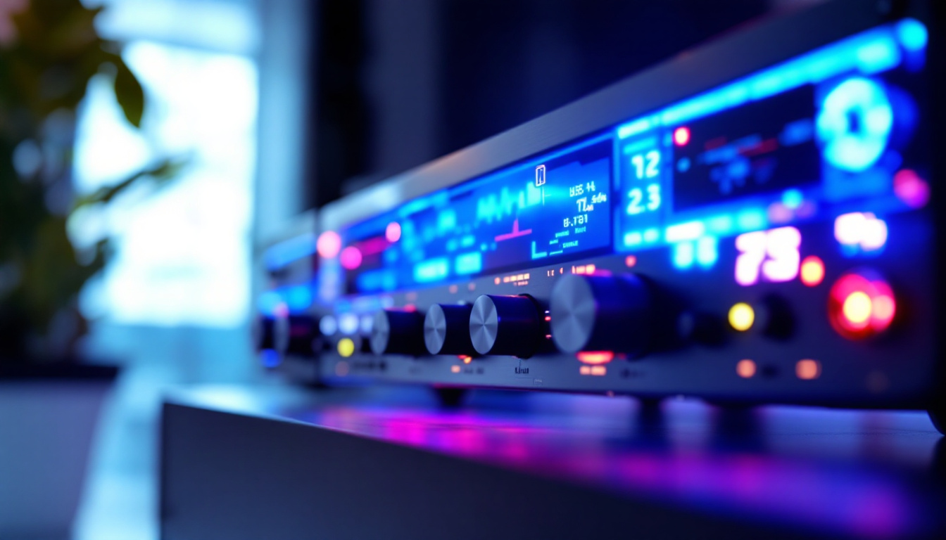 A photograph of capture a photograph of a sleek audio cabinet featuring a vibrant led display in a well-lit setting