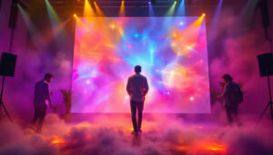 A photograph of a vibrant led display backdrop in a creative setting