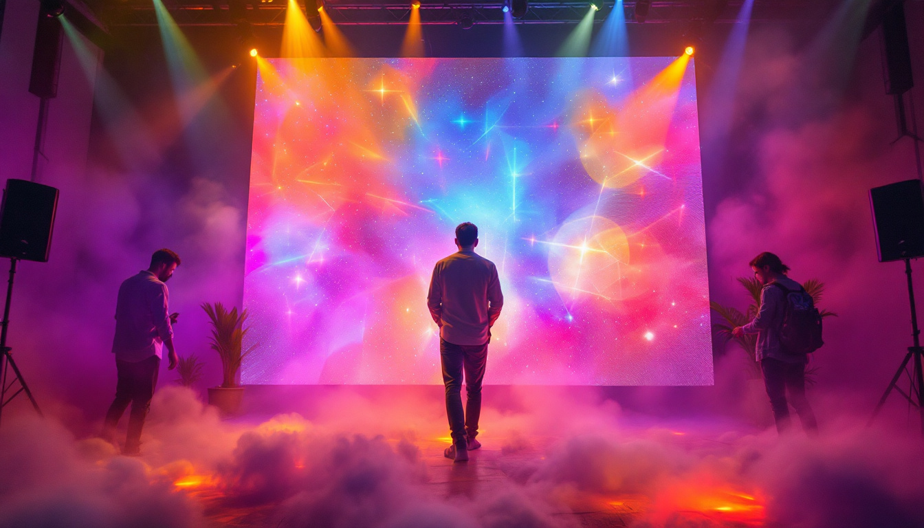 A photograph of a vibrant led display backdrop in a creative setting