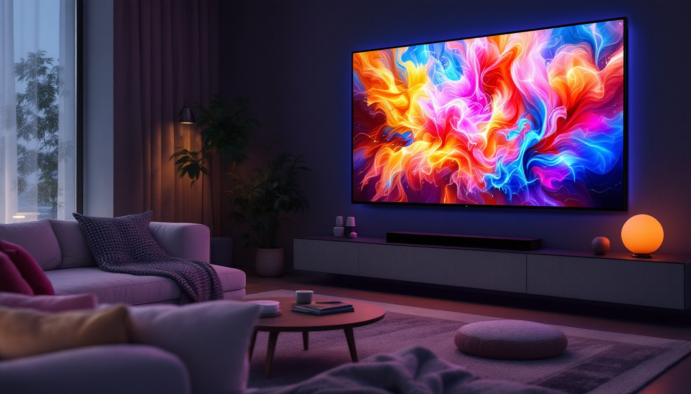 A photograph of a modern living room featuring a large led touch screen tv displaying vibrant visuals