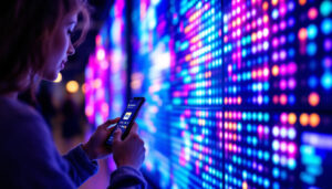 A photograph of a vibrant led display showcasing dynamic visuals