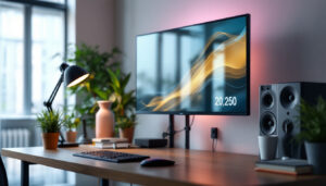 A photograph of a sleek desktop setup featuring a privacy panel with an led display