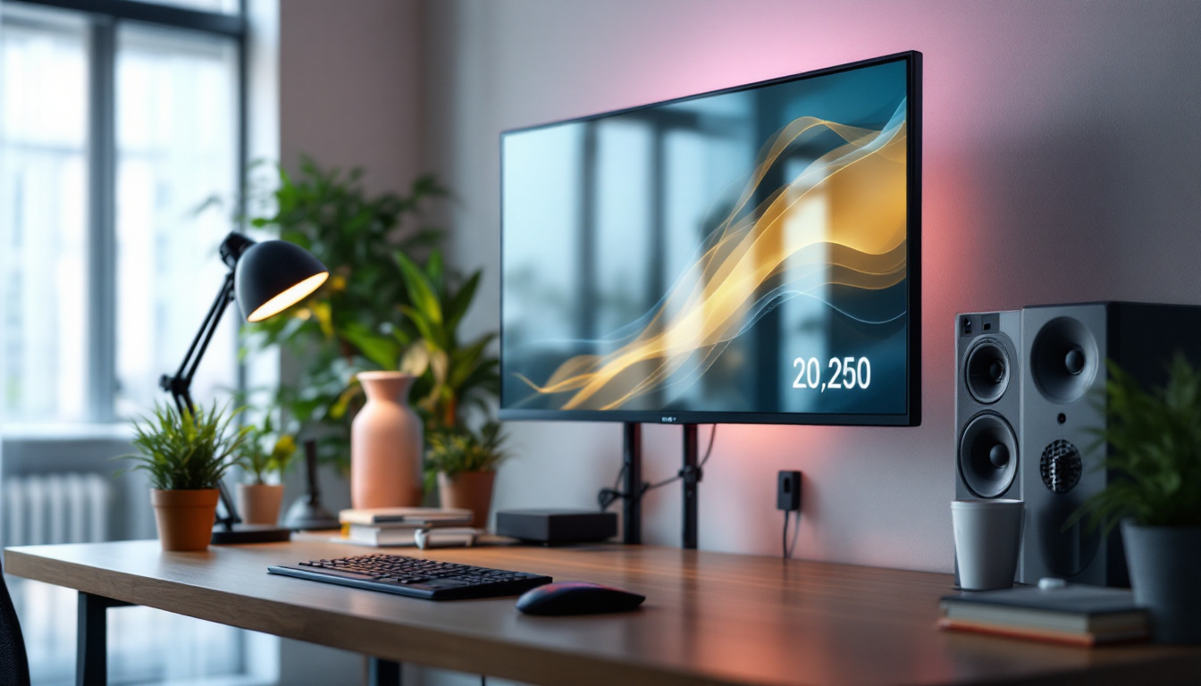 A photograph of a sleek desktop setup featuring a privacy panel with an led display