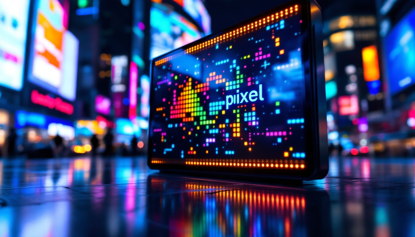 A photograph of a vibrant led display showcasing a colorful pixel logo in a dynamic urban setting