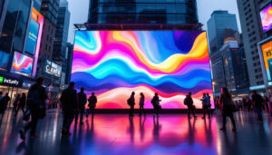 A photograph of a vibrant led display in a bustling urban environment