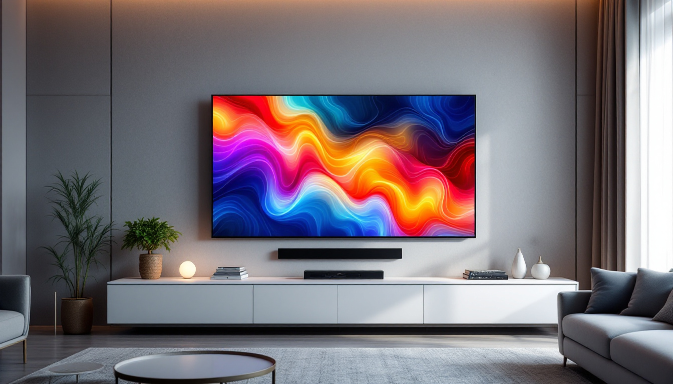 A photograph of a modern wall media center featuring a vibrant led display in a stylish living room setting