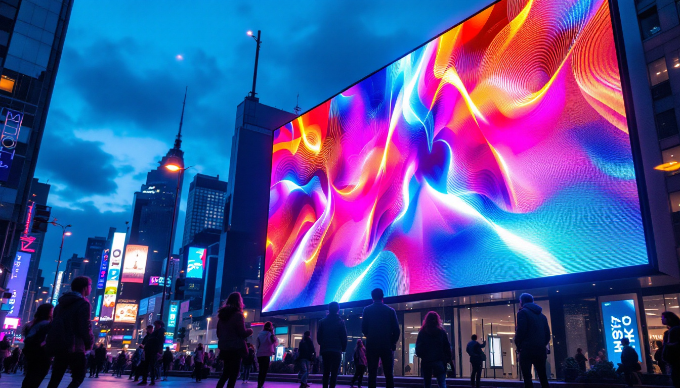 A photograph of a vibrant led display in an urban setting at dusk