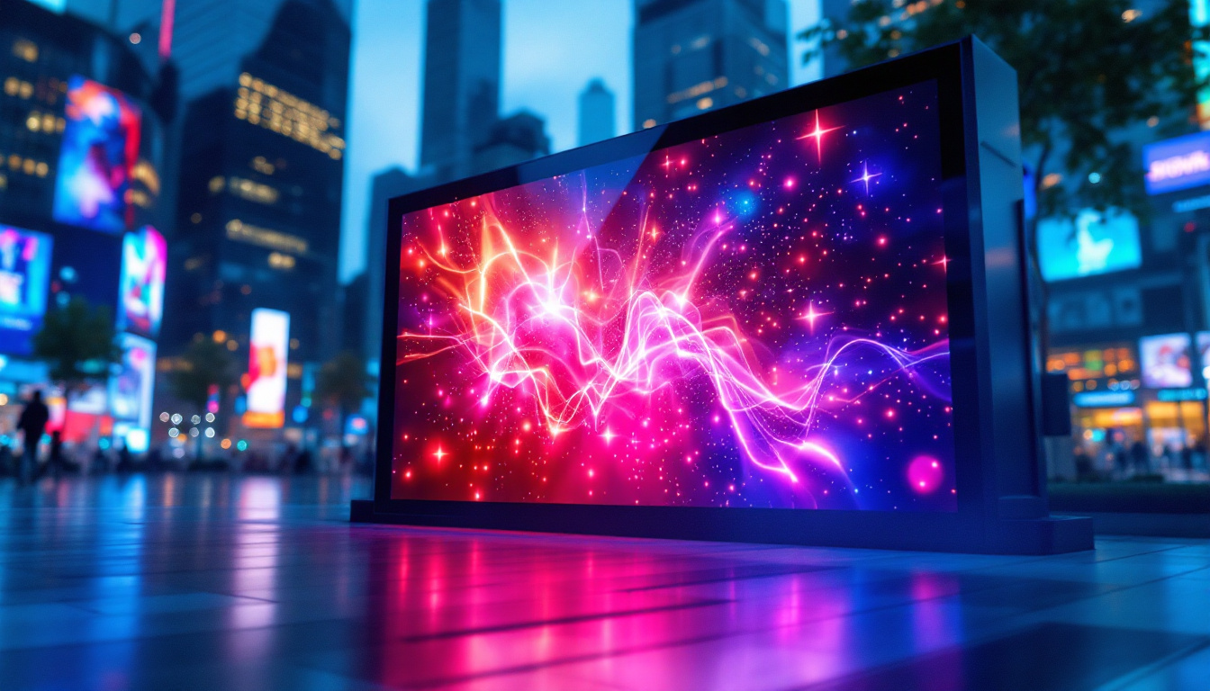 A photograph of a vibrant led display showcasing dynamic visuals in an urban setting