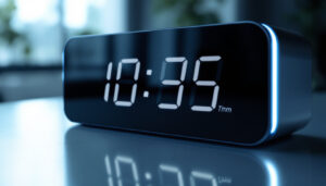 A photograph of a sleek digital clock with an lcd and led display