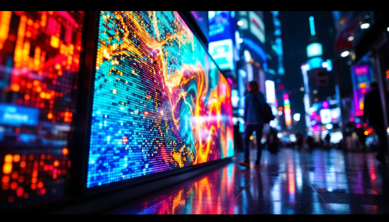 A photograph of a vibrant led display in a dynamic urban setting