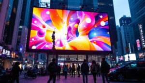A photograph of a vibrant led display in an urban setting