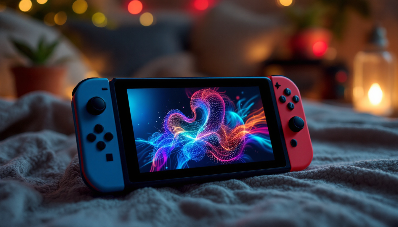 A photograph of a nintendo switch console prominently displaying its vibrant touch screen interface