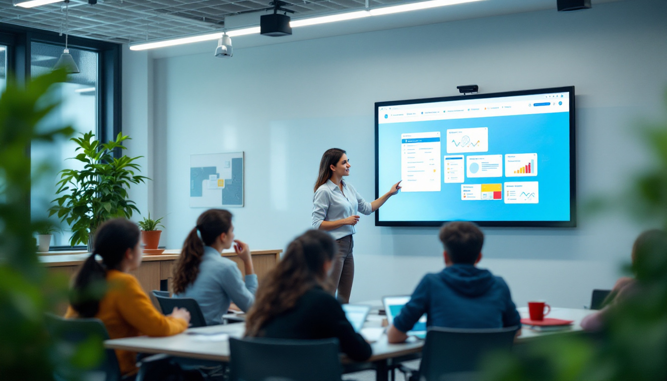 A photograph of a modern classroom featuring a vibrant digital whiteboard in use