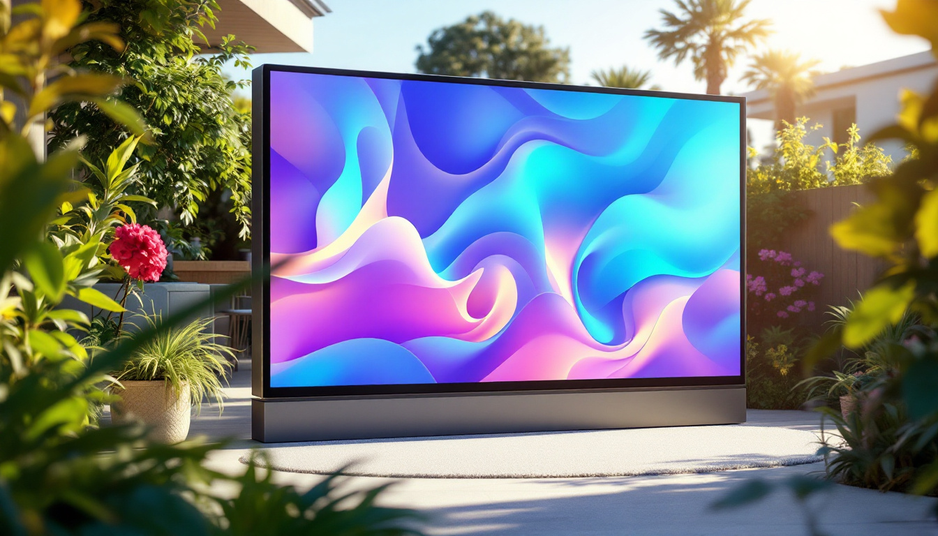 A photograph of a stylish outdoor partition screen with an integrated led display