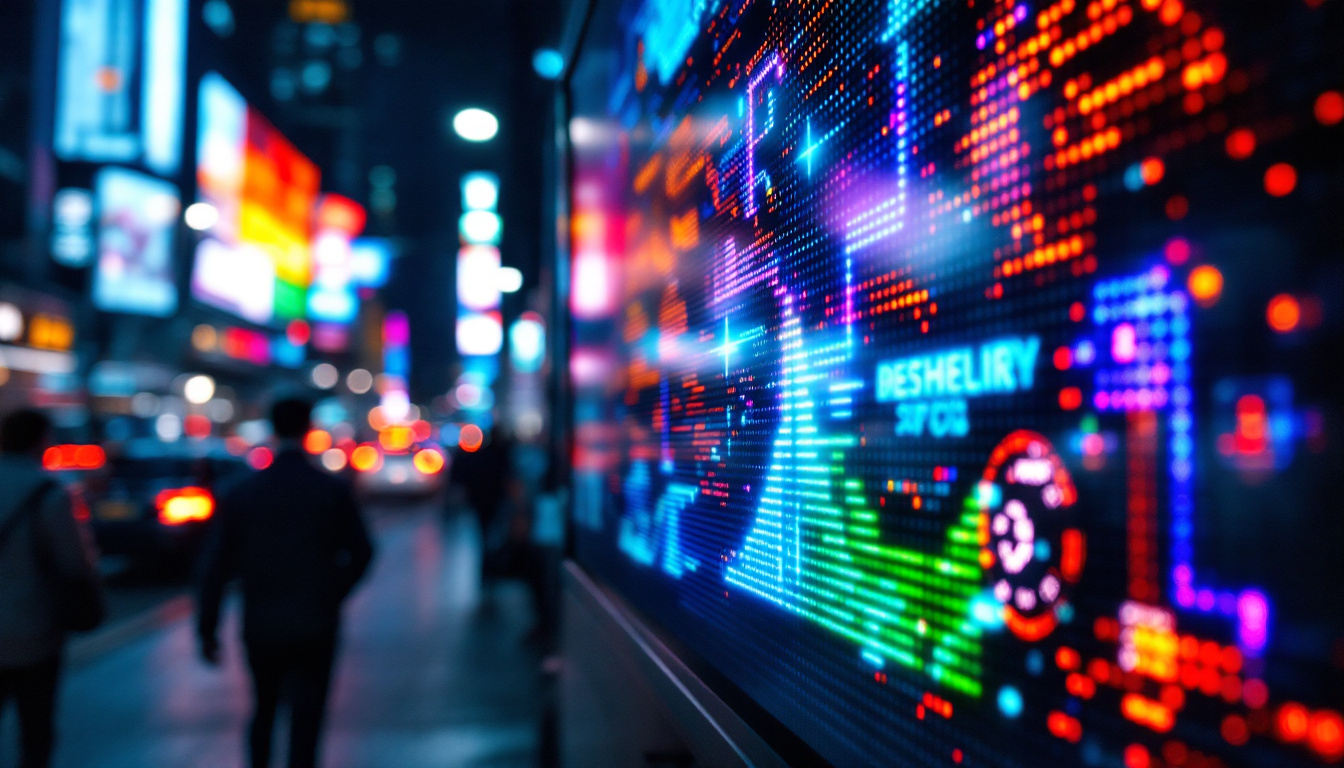 A photograph of a vibrant led display in a bustling urban environment