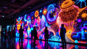A photograph of a vibrant and dynamic led wall art installation
