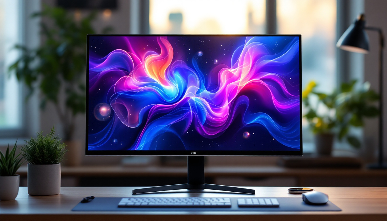 A photograph of a sleek 38-inch led monitor displaying vibrant