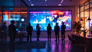 A photograph of a modern business environment showcasing an interactive led display in use