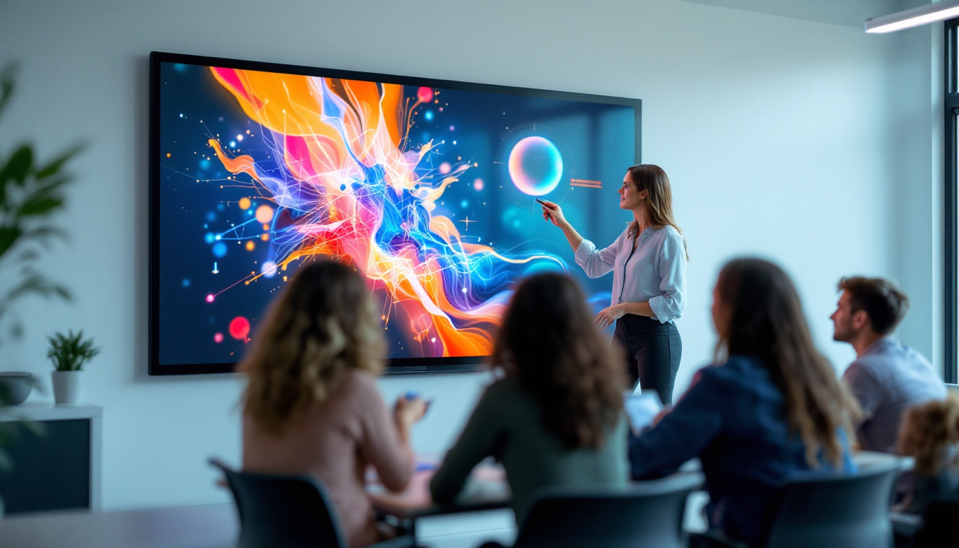 A photograph of a clear touch smart board in a modern classroom setting