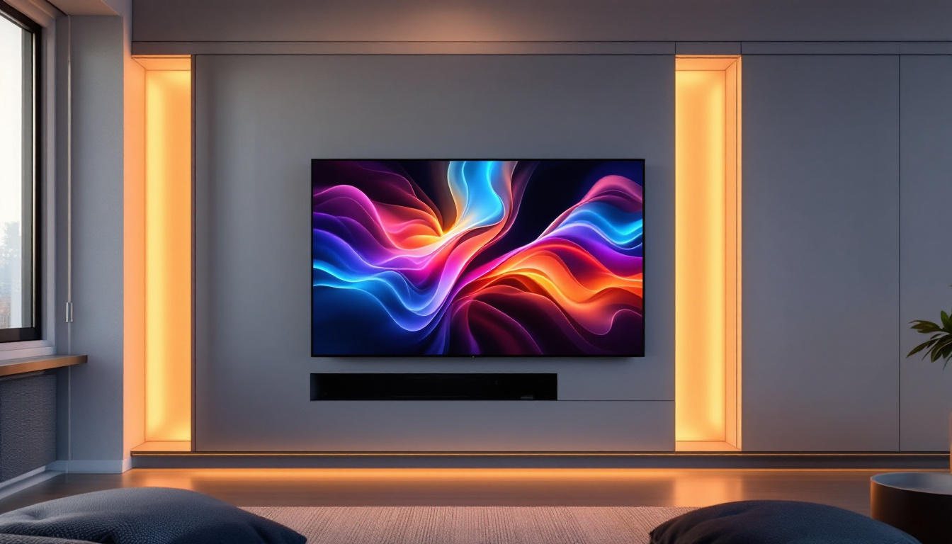 A photograph of a stylish built-in wall cabinet featuring an integrated led display