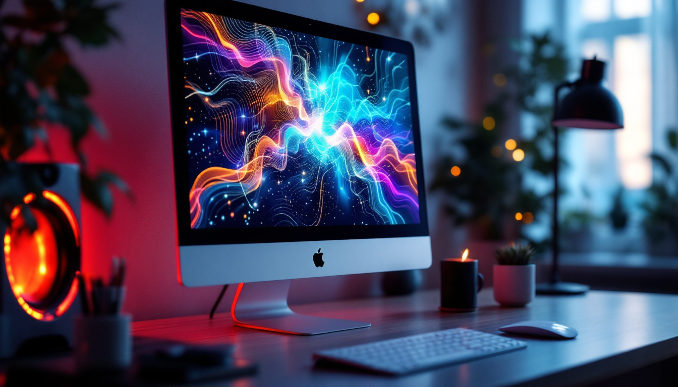 A photograph of a mac computer with a touchscreen monitor displaying vibrant led graphics