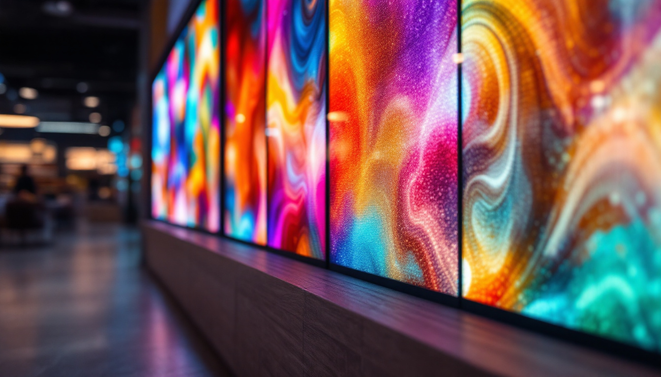 A photograph of a vibrant led display showcasing various flooring options in a modern retail environment