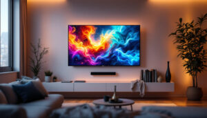 A photograph of a modern living room featuring a sleek wall-mounted led tv