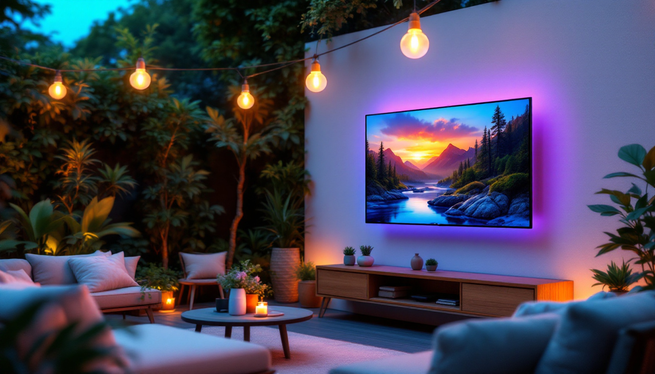 A photograph of a vibrant outdoor setting featuring a 55-inch led tv mounted on a stylish wall or stand