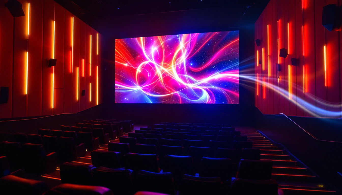 A photograph of capture a photograph of a vibrant led display inside a hillsboro movie theater