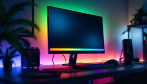 A photograph of a sleek rgb light bar positioned behind a computer monitor