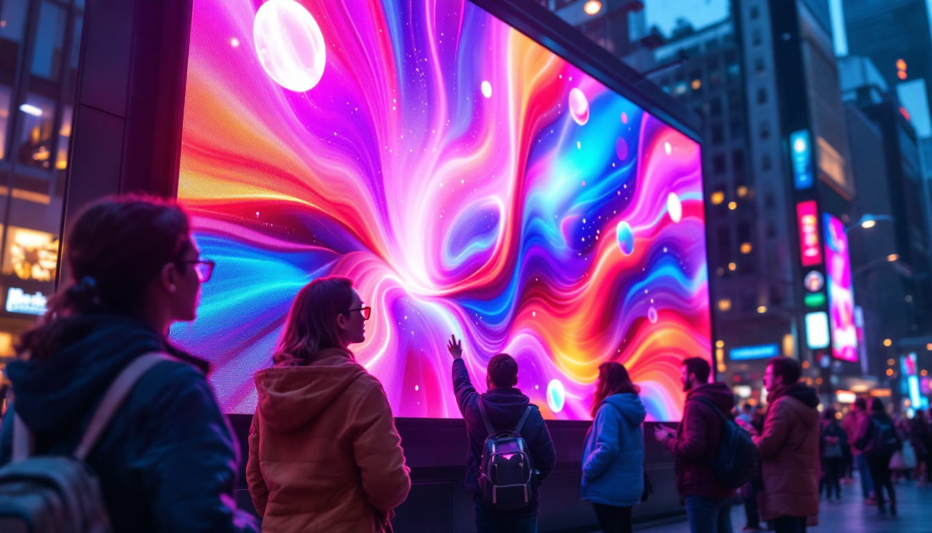 A photograph of a vibrant led display board in a dynamic urban setting