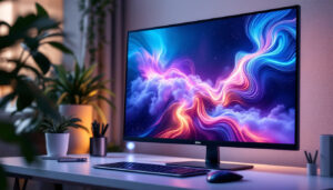 A photograph of a sleek lcd monitor displaying a vibrant