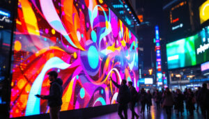 A photograph of a vibrant led display in a bustling urban setting