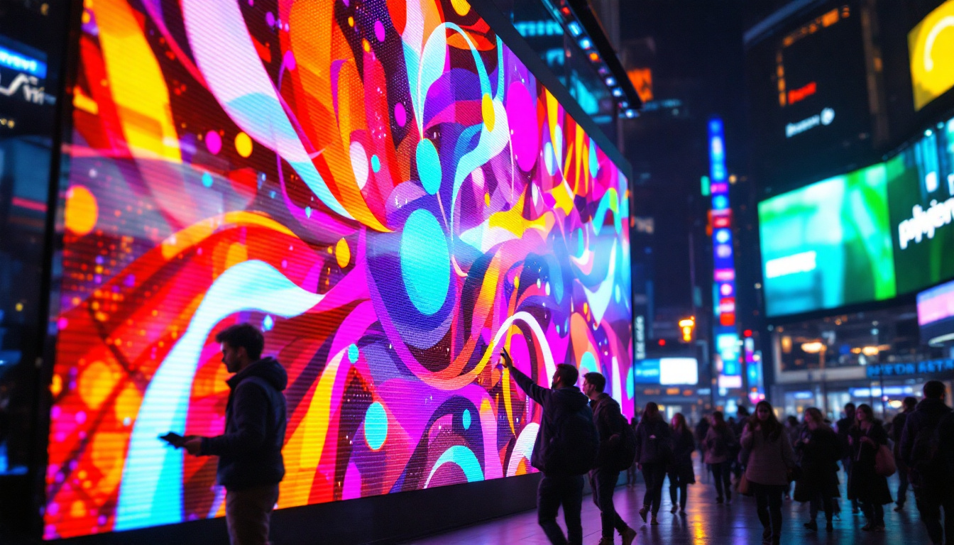 A photograph of a vibrant led display in a bustling urban setting