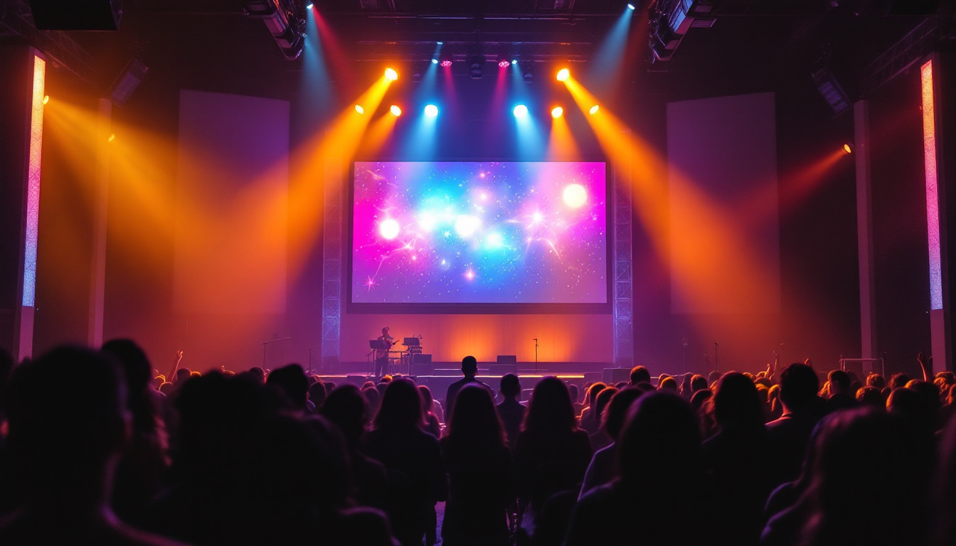 A photograph of a vibrant church service setting featuring a high-quality led projector screen displaying dynamic visuals