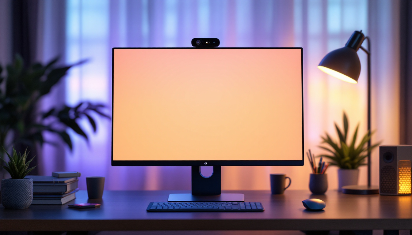 A photograph of a sleek desktop monitor with a built-in camera