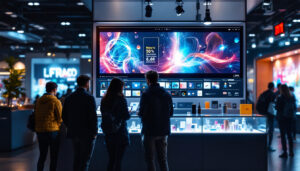 A photograph of a vibrant sales stand featuring an led display showcasing dynamic visuals and engaging product information
