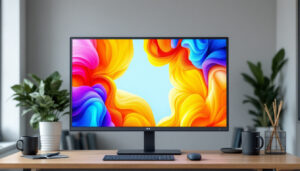 A photograph of a sleek 32-inch led touch screen monitor displaying vibrant visuals