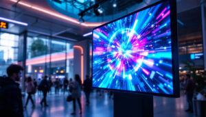 A photograph of a vibrant led display showcasing dynamic content in a public space