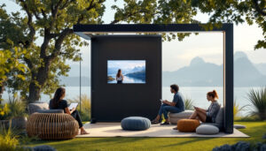 A photograph of a stylish portable outdoor privacy screen with an integrated led display set up in a serene outdoor environment