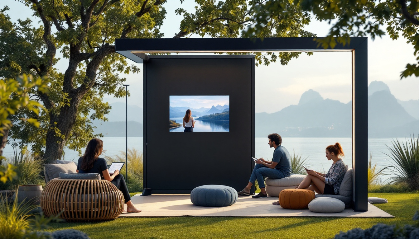 A photograph of a stylish portable outdoor privacy screen with an integrated led display set up in a serene outdoor environment