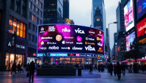 A photograph of a vibrant led display showcasing dynamic logos in a bustling urban environment