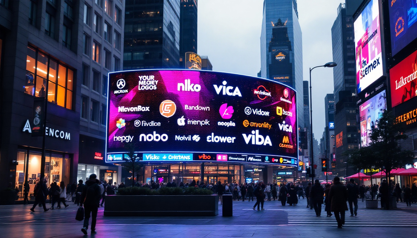 A photograph of a vibrant led display showcasing dynamic logos in a bustling urban environment