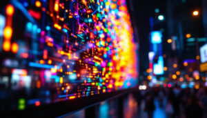A photograph of capture a photograph of a vibrant led display in a bustling urban environment